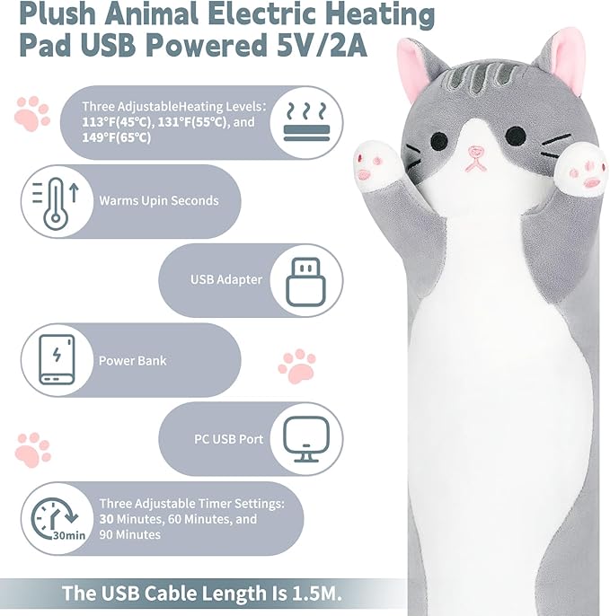 Cat Heating Pad-USB Heated Plush Stuffed Animals for Period Cramps and Menstrual Pain Relief,22” Portable Electric Kitten Heating Pads,Built-Pocket Plushie Women Girls Birthday Gifts,Gray