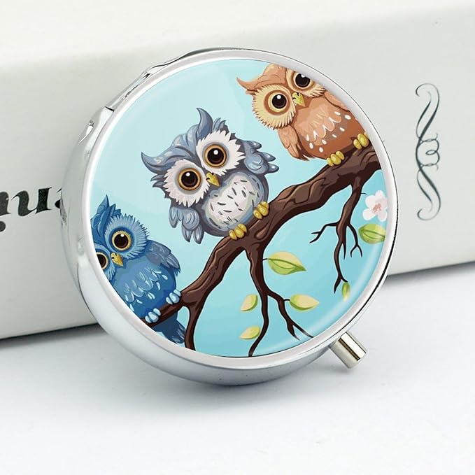 Owls on A Branch Pill Box Travel Pill Case for Purse Pocket Weekly Medicine Organizer with Mirror 3 Compartment Round Medicine Case Portable PillcaseHolder for Daily