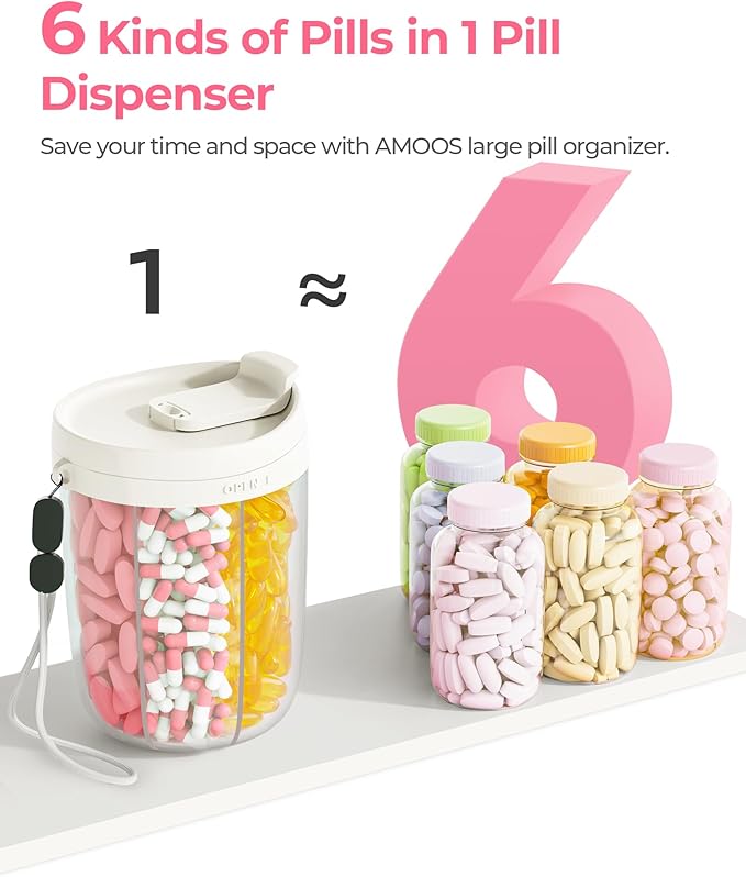 Large Pill Dispenser with 6 Compartments, Anti-Mix Pill Bottle Organizer with Wide Opening & Easy Retrieval, Vitamin Organizer for Travel, BPA-Free Pill Box with a Strap, White