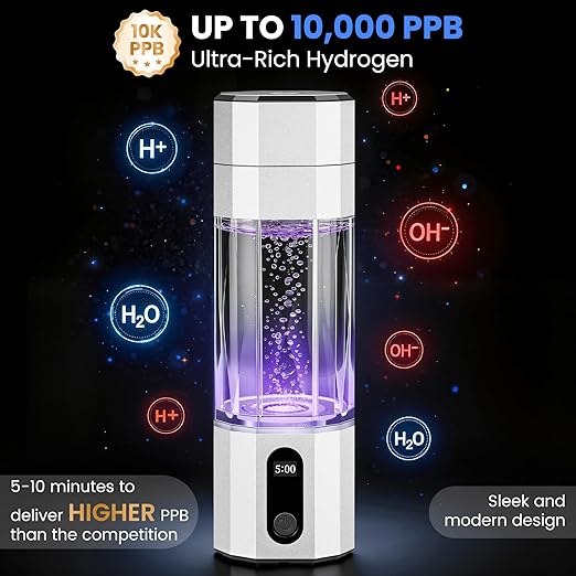 Hydrogen Water Bottle 10,000+PPB - PPB Molecular Hydrogen Infusion - SPE/PEM Technology (Silver)