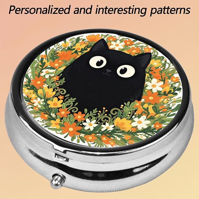 Round Pill Case Small Pill Box with Mirror Pocket 3 Compartment Vitamin Pill Medicine Case Organizer Pill Containers for Traveling Garden Funny Black Cat