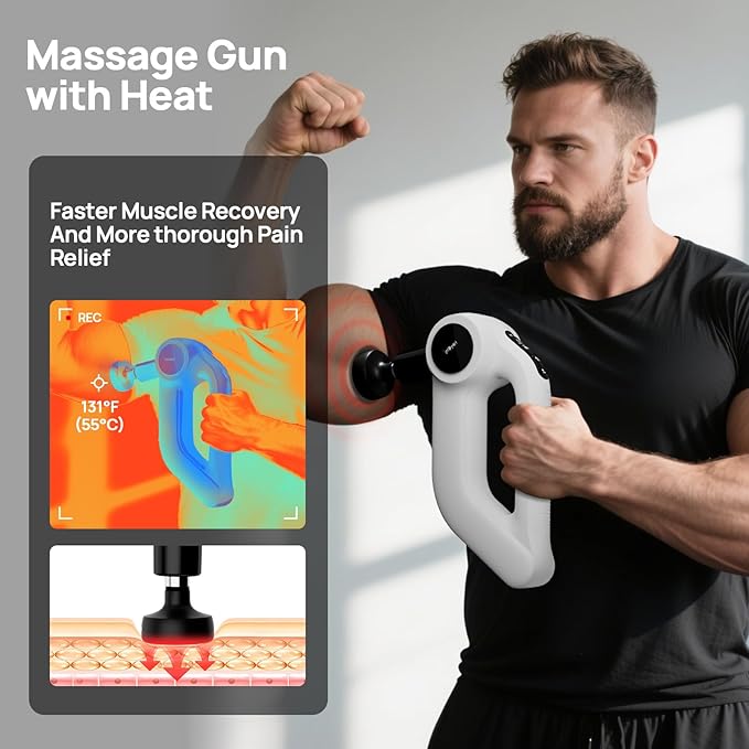 Massage Gun with Heat - Deep Tissue Percussion Massager for Pain Relief, 12mm Amplitude, 5 Speeds & 8 Attachments, Ideal for Muscle Recovery, Back Shoulder Leg - Gift for Athletes, Men, Women (White)
