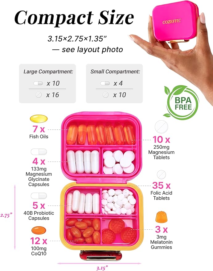 Small Pill Case Travel Pill Organizer - Moisture-Proof 7 Compartments Daily Pill Box for Purse, Pocket & Gym Bag, Secure Double Lock Medicine Vitamin Container for Supplements/Fish Oil - Hot Pink