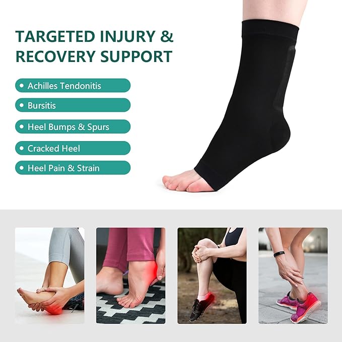 Welnove Achilles Tendonitis Heel Protector Sleeves H-Shape Achilles Tendon Support Compression Gel Padded Sleeve Socks for Cushion of Bursitis, Tendonitis, Tenderness, Dry Cracked - Black,Regular