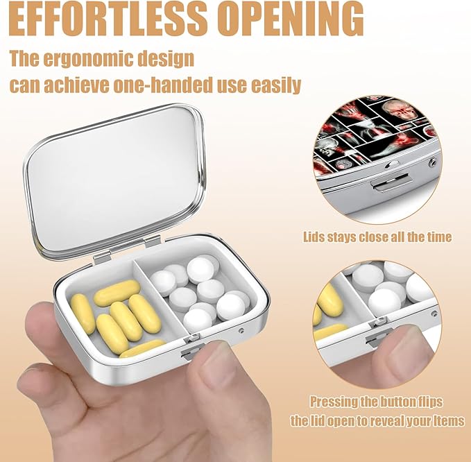 Pill Box-2 Compartment Small Pill Case Square Organizer Case with Mirror Portable Metal Medicine Box Travel Container for Pocket & Purse Women Men(Skull X-ray)
