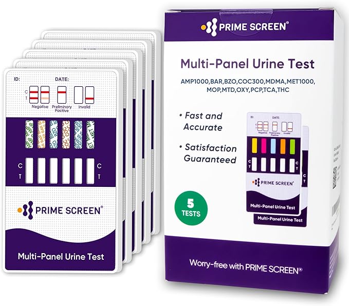 [5 Pack] Prime Screen 12 Panel Urine Test (AMP,BAR,BZO,COC,mAMP,MDMA,MOP/OPI 300,MTD,OXY,PCP,TCA,THC) - WDOA-7125