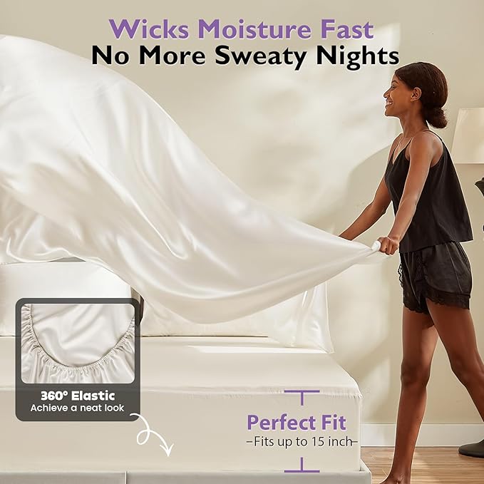 Silver Infused Bed Sheets Set, Cooling Bamboo Viscose Sheets Self-Cleaning with Silk, Softness Breathable Temperature-Regulating Bedding, Odor Control Freshness Sleep for Hot Sleepers - Full Set