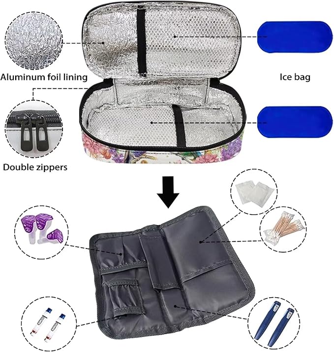 Hummingbird Floral Insulin Cooler Travel Case for Insulin Pen Diabetic Medical Cooler Bag Portable Medication Cooler Bag for Insulin Pens and Blood Glucose Monitor Supplie
