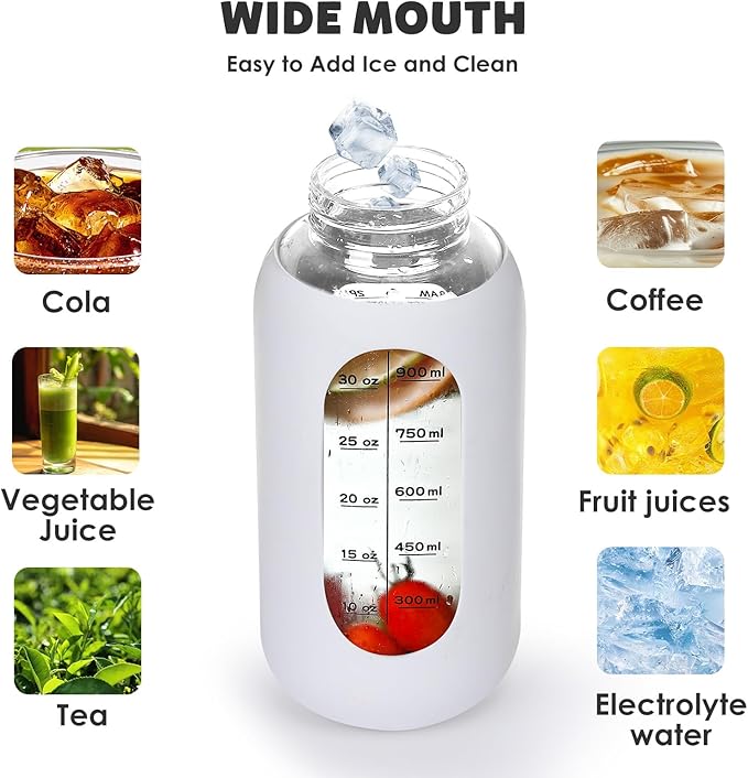40oz Glass Water Bottle with Handle Lid Time Marker Motivational Sport Water Jug with Silicone Sleeve Water Flask Canteen Wide Mouth Water Bottle for Gym Workout Travel Office Home Everyday Hydration