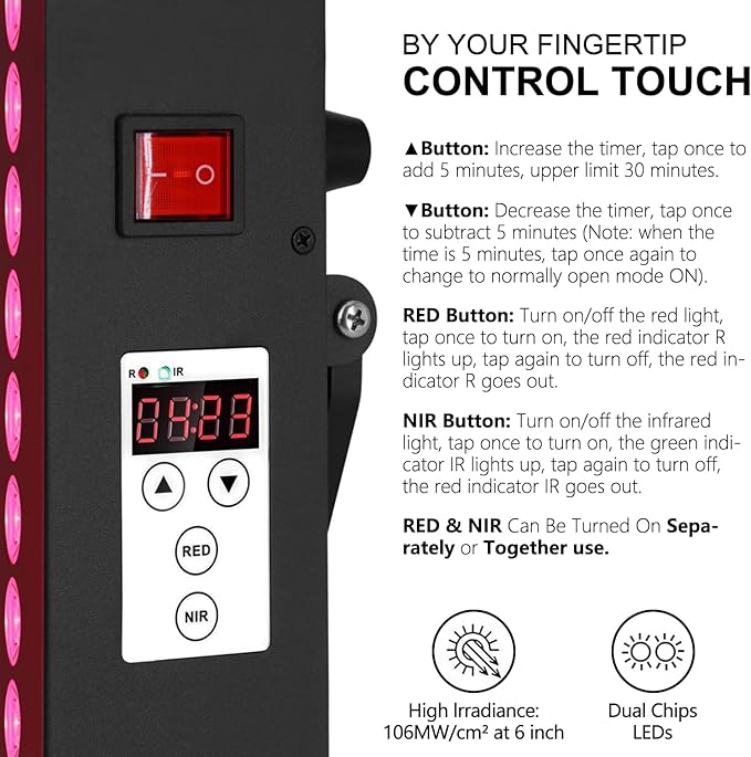 Red Light Therapy, Dual Chip Clinical Grade with 60 LEDs Device, High Power Near-Infrared Panels at 660nm/850nm, Timer Function for Body, Pain Relief, Face, Improve Sleep, Skin Health, (Black)