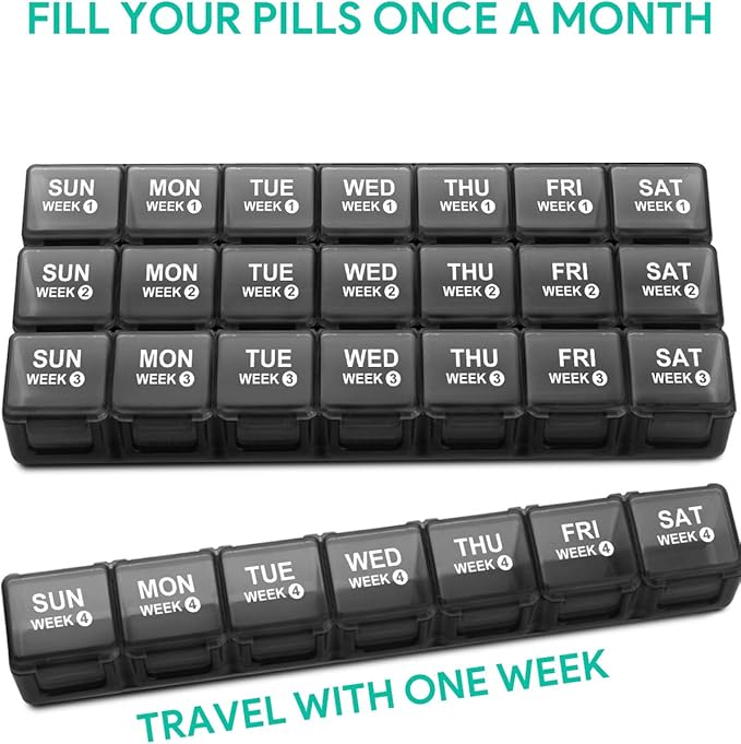 TookMag Monthly Pill Organizer 28 Day Pill Box, Large Medicine Organizers 4 Weeks, One Month Pill Box Pill Case Travel Pill Organizer with Dust-Proof Container for Pills/Vitamin/Supplements
