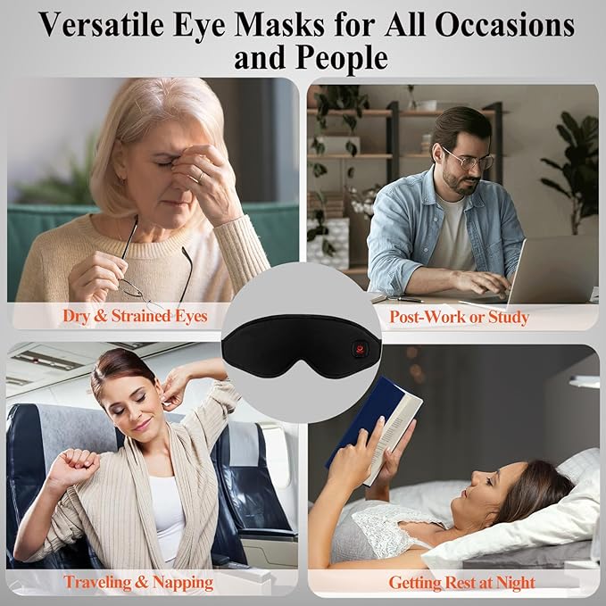 Heated Eye Masks for Dry Eyes | Vowleike 3D Cordless Rechargeable Warm Compress for Eyes | Washable Electric USB Thermal Eye Heating Pad for Stye, Blepharitis & MGD | Ideal Holiday Season Gift (Black)