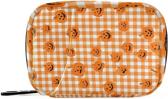 Halloween Orange Plaid Pumpkins Travel Pill Organizer Case Box Container Weekly Portable Vitamin Medicine Holder Storage Bag with Zipper Removable