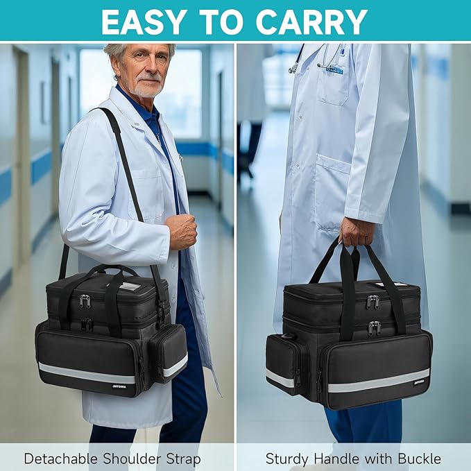 Large Pill Bottle Organizer, Double Layers Medicine Storage Bag with Lockable Zippers and Shoulder Strap,Medication Travel Bag for Prescription Bottles, Vitamins & Medical Supplies, Black (Bag Only)