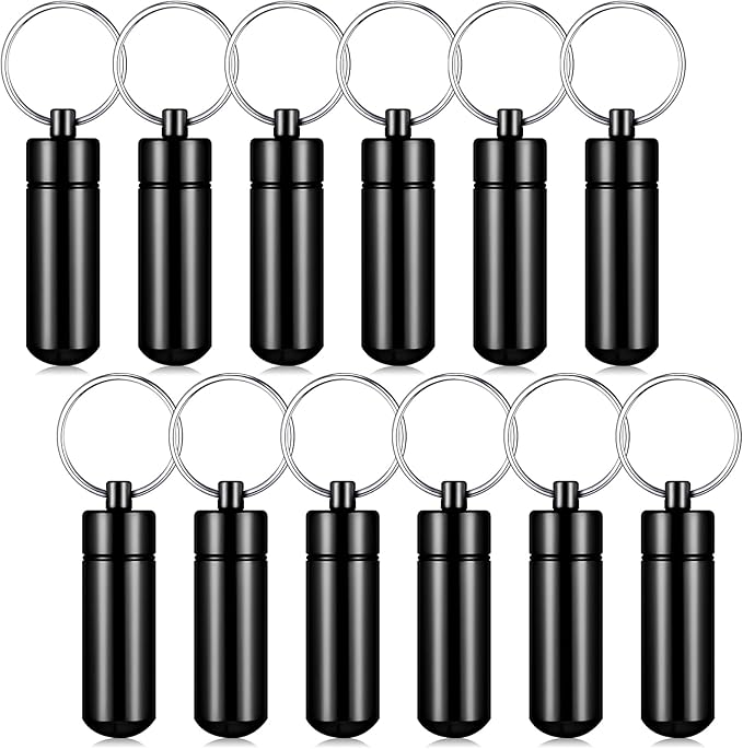 Patelai 12 Pcs Portable Keychain Pill Holder Mini Pocket Pill Case for Men Women Aluminum Geocache Containers Waterproof Metal Medicine Bottle Organizer for Outdoor Camping Travel(Black)