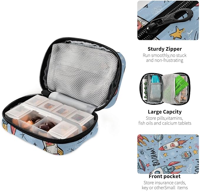 Light Blue Doodle Boom Space Rockets Stars Travel Pill Organizer Case Box Container Weekly Portable Vitamin Medicine Holder Storage Bag with Zipper Removable