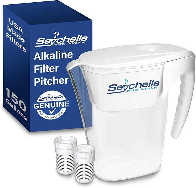 Seychelle pH2O Alkaline Water Filter Pitcher - pH Enhancing Filtration - USA-Made Filter, 64oz
