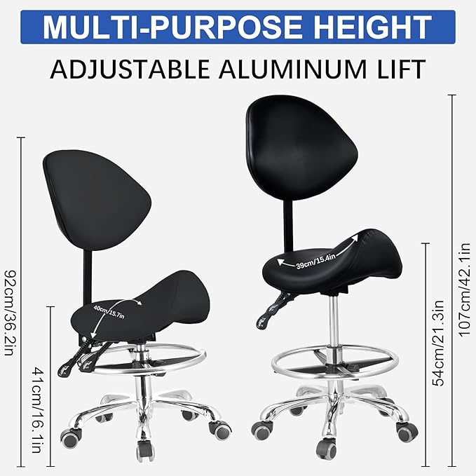 Saddle Stool with Adjustable Backrest and Footrest, Hydraulic Height Swivel Saddle Chair Ergonomic Rolling Stool with Wheels, Heavy Duty SaddleChair for Beauty Salon Spa Dentist tattooshop (Black)