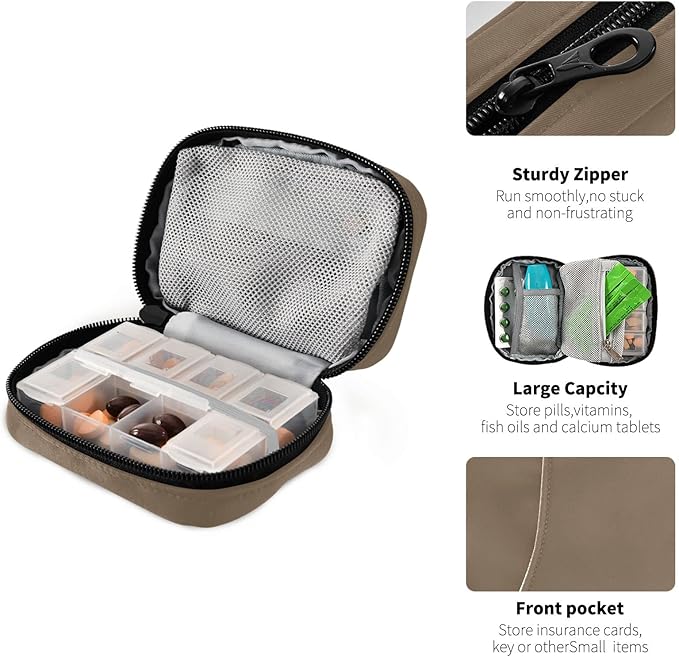 Pill Box 7 Day Pill Case Travel Pill Organizer Bag with Zipper Portable Weekly Case Compact Size for Vitamin Supplement Holder, Solid Color Brown