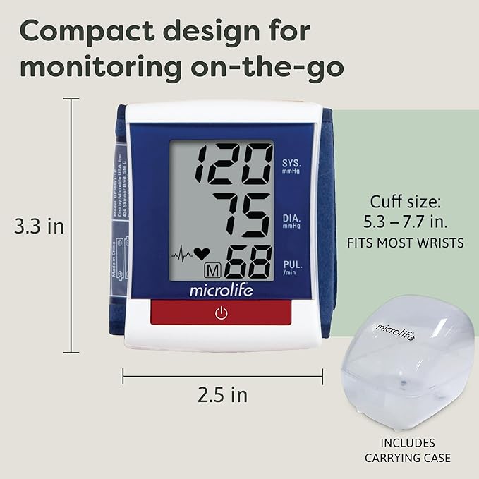 Microlife Wrist Blood Pressure Monitor, Automatic Portable Digital Blood Pressure Machine, Adjustable Cuff Fits Most – 5.3" - 7.7", Pulse Reading/Irregular Heartbeat Detector, Includes Carrying Case