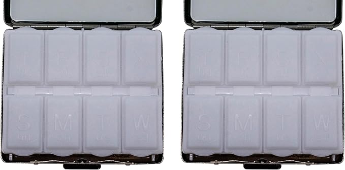 Set of 2 Metal-Plated Weekly (7-Day) Pill Box Case & Portable Medicine Organizer (Silver Victorian)