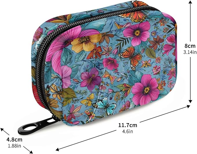 Blue Tropical Flowers and Butterflies Travel Pill Organizer Case Box Container Weekly Portable Vitamin Medicine Holder Storage Bag with Zipper Removable