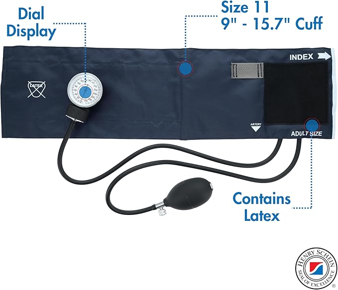 Adult Pro Aneroid Sphygmomanometer – Size 11 Navy Blue Cuff, Manual Blood Pressure Monitor, Reusable, Dial Display, Includes Leatherette Carrying Case – 1 Count