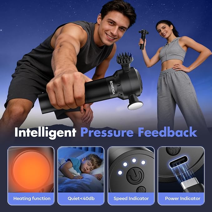 Deep Tissue Massage Gun with Heating, 7000 RPM Handheld Vibrating Muscle Massager with 4 Speeds & 3 Heads, Ideal Gift for Family & Sports Enthusiasts