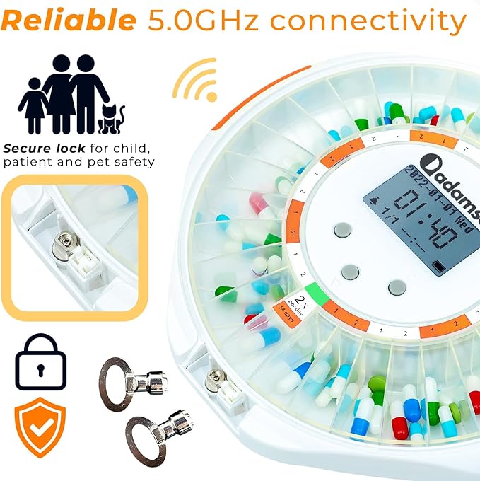 Adamson TimelyMed Smart Pill Dispenser with Alarm - WiFi App Monitoring - 28-Day Automatic Medicine Dispenser for Elderly & Alzheimer’s Care - Lock Key - New Version