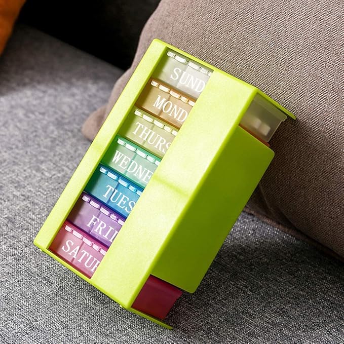 Medicine Organizer with 7 Small Pill Organizers 3 Times a Day Large Stackable Pill Dispenser for Supplement Vitamin Pills (Green, 2PCS)