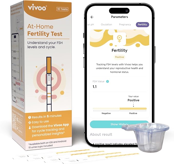 Vivoo Fertility Test – At-Home FSH Test to Monitor Ovarian Reserve, Scan & Track with Free Vivoo App, 10 Individually Wrapped FSH Tests + 10 Urine Collectors