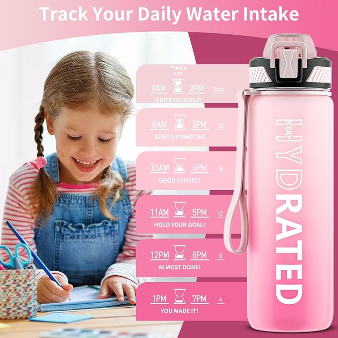 Water Bottle with Straw, 27oz Motivational Water Bottles with Time Marker to Drink, Tritan BPA Free, 750ml Sports Water Bottle with Carry Strap LeakProof for School Fitness Outdoor (1Pack)