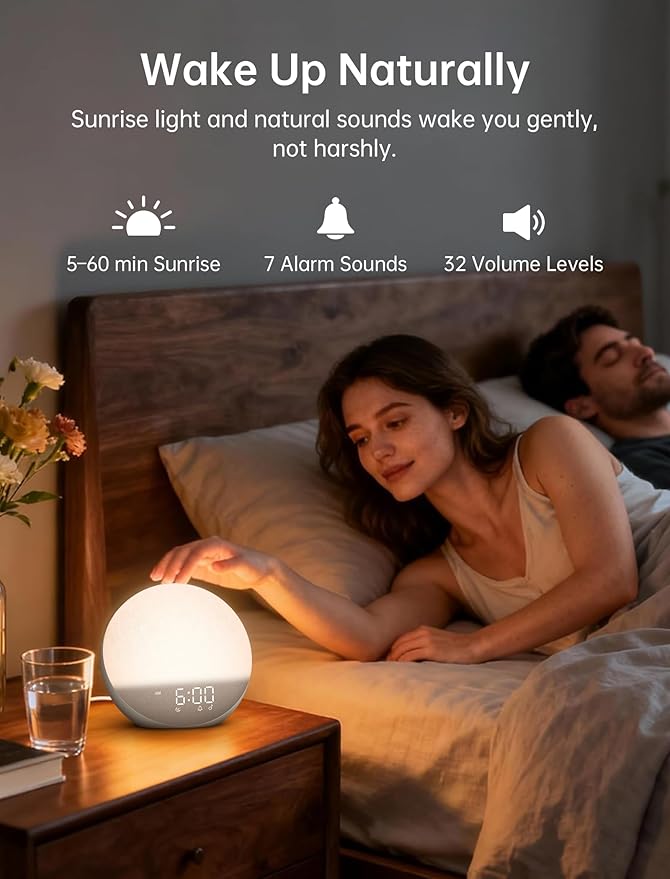 Sunrise Alarm Clock with Sound Machine: Gentle Wake Up Light & 7 Alarm Sounds for Bedroom - 3 Wake-Up Modes & 32 Volume Levels for Stress-Free Morning Putty