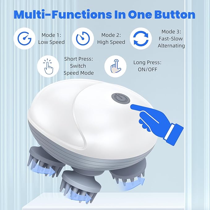 Upgraded Electric Scalp Massager for Men Women, Handheld Cat Dog Pet Head Massager with 4 Massage Heads, 3 Speeds, Waterproof Massager for Soothing Muscles Joints, Hair Growth, Stress Relax