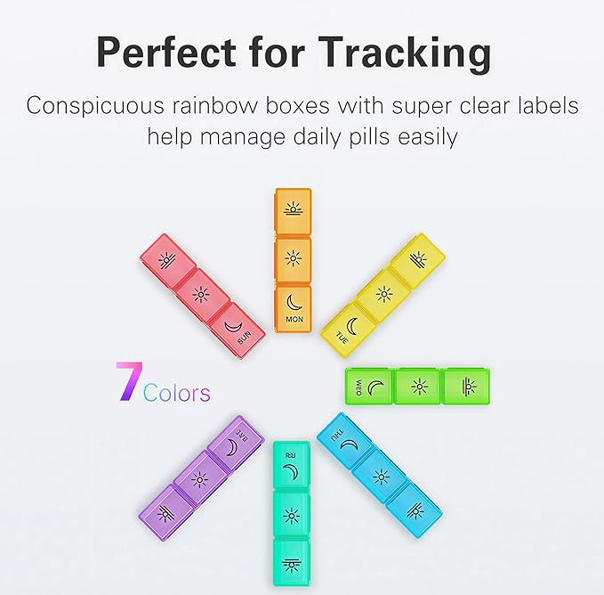 BUG HULL Pill Organizer 3 Times a Day, Weekly Pill Organizer 3 Times a Day, 7 Day Pill Box Cases Morning Noon Evening, Medicine Pill Organizer for Vitamin, Cod-Liver Oil, Supplements (Rainbow White)