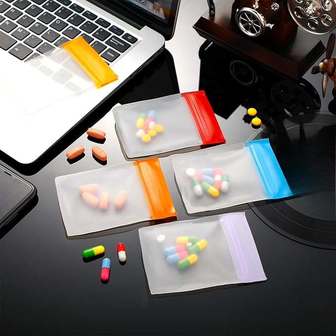 Demissle Pill Pouch Bags Pack of 21 4" x 3" Zipper Pill and Vitamin Organizer Pouches with Slide Lock for Travel Medicine Reusable Pill Storage Pouches Bags Clear, 7 Colors for Week