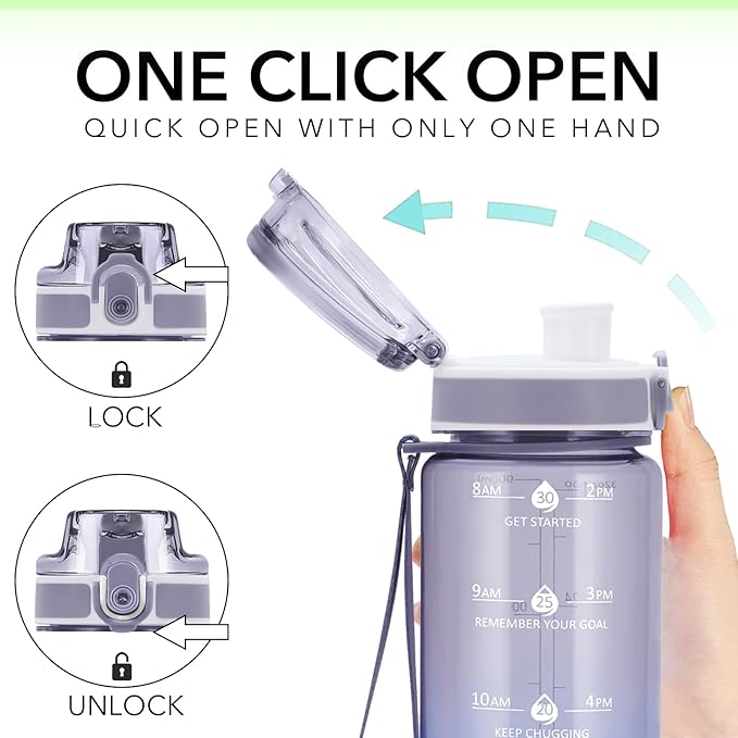 32oz Water Bottle with Time Marker, Motivational Drinking Bottle with Strap, BPA-Free Leak-Proof, Encouraging Water Bottle Time to Drink Water for Gym School Office Travel