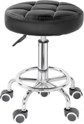 PU Leather Rolling Stool Height Adjustable Round Swivel Stools for Spa Salon Massage Work Chair with Foot Rest Black