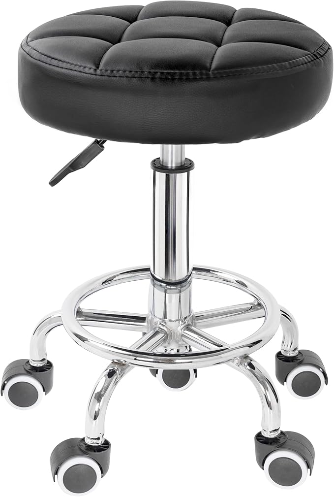 PU Leather Rolling Stool Height Adjustable Round Swivel Stools for Spa Salon Massage Work Chair with Foot Rest Black