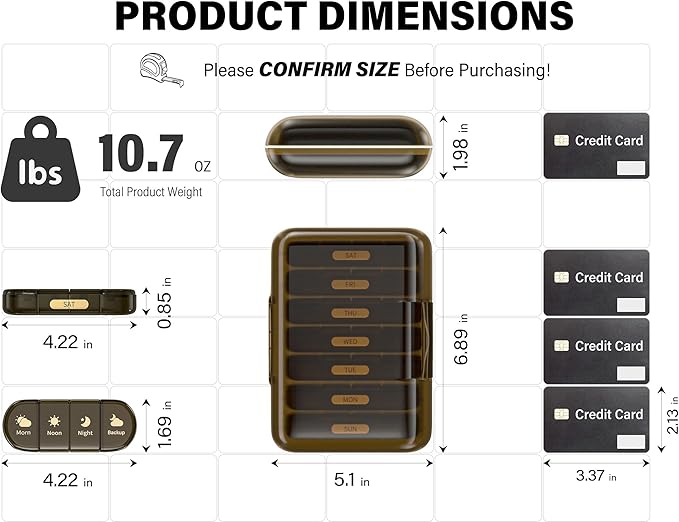 Weekly Pill Organizer 4 Times a Day, 7 Day Pill Box 4X, Portable for Travel Pill Case for Pills/Vitamin/Fish Oil/Medication/Supplements (4x7 Brown)