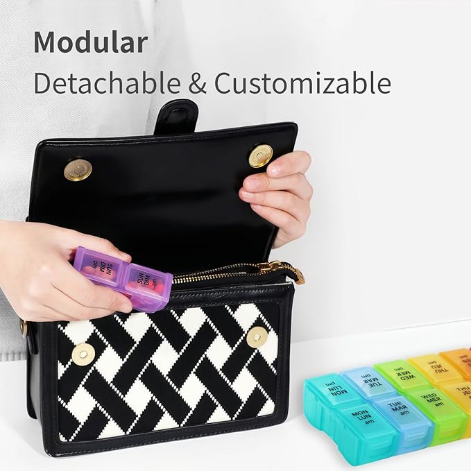 7-Day AM/PM Pill Organizer, Built-in Pill Cutter, Detachable Small Daily Pods, Portable Travel Case, Purse-Friendly, Rainbow Color