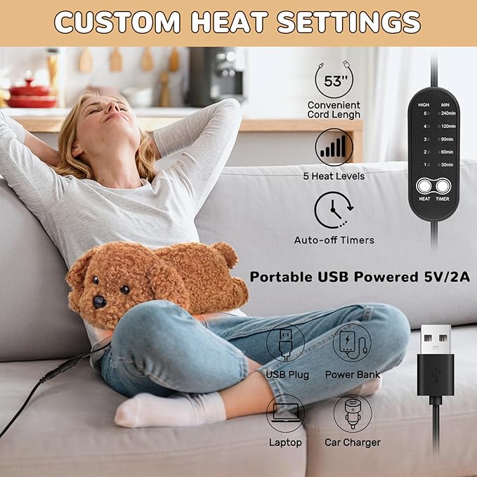Dog Heating Pad for Period Cramps Menstrual Pain Relief, Portable Electric Heat Pads USB Powered, Cute Poodle Plush Stuffed Animals Gift, Funny Gifts for Women Teen Girls Christmas Birthday Easter
