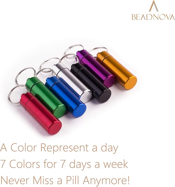 BEADNOVA Pill Holder Keychain Portable Pill Case Small Medicine Container Aluminium Fob Carrier with Medicine (7pcs, 7 Colors Per Pack)
