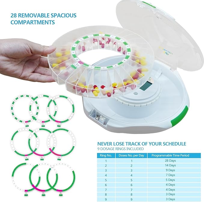 EziMedPil Bluetooth Pill Dispenser w/Audio & Visual Alerts, SmartLife Setup, up to 9 Alarms/Daily, 9 Dosage Templates, LCD Display, Lock Medication Dispenser w/Key for Prescriptions & Vitamins, Clear