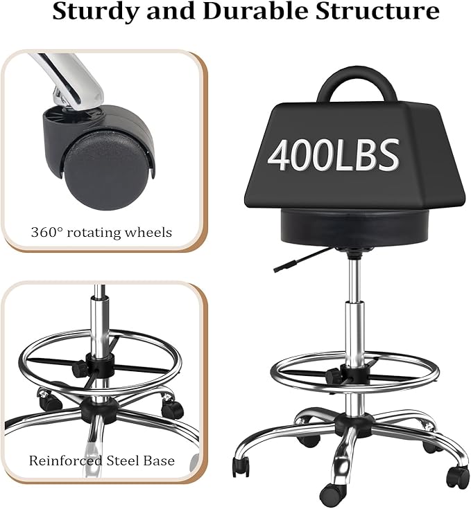 OmySalon Drafting Chair,Ergonomic Office Desk Chair with Back Support,Tall Adjustable Rolling Stool with Footrest & Thick Seat Cushion,Computer Chair for Salon Medical Spa Home Bar Kitchen, Black