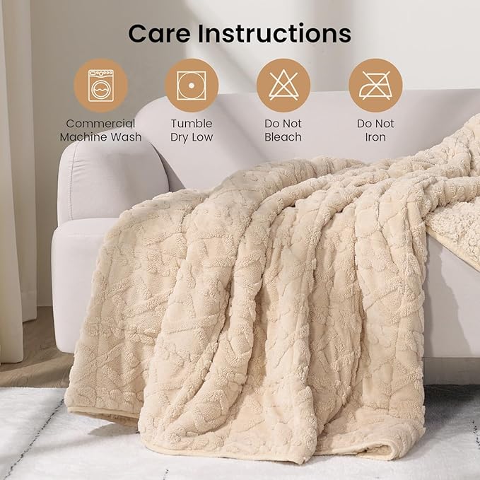 Weighted Blanket Queen Size 15lbs, Classy Soft Jacquard Sherpa Weighted Blankets for Sleep Natural and Calming, Fluffy Cozy Sofa Bed Blanket for Winter, Beige, 60 x 80 inches