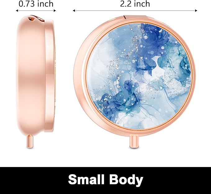 Rouidr Pill Box, 3 Compartment Medicine Pill Case, Small Metal Travel Medicine Box for Purse & Pocket, Rose Gold, Light Luxury Blue