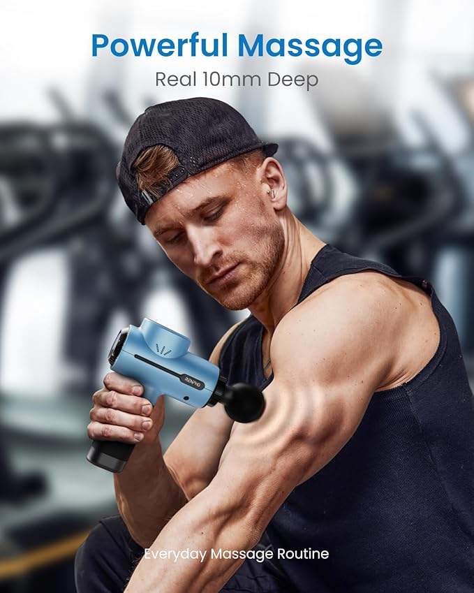 RENPHO Active Massage Gun, Deep Tissue Percussion Massager for Back and Neck, Portable Handheld Massager with 5 Speeds, 5 Attachments, Carry Case, Blue