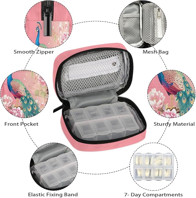 Pink Flower Peacock Pill Case Travel Pill Organizer Weekly 7 Day Portable with Zipper Medicine Box Pill Case for Vitamins, Birth Control,Fish Oils,Medication, Supplements