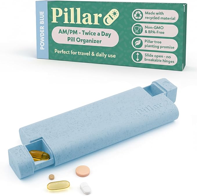 Pillar AM/PM Pill Box Organizer Two Times a Day | Aesthetic 7 Day Tablet Organizer 2 Times A Day | Beautiful Weekly Pill Box for Day and Night Medication (Powder Blue)